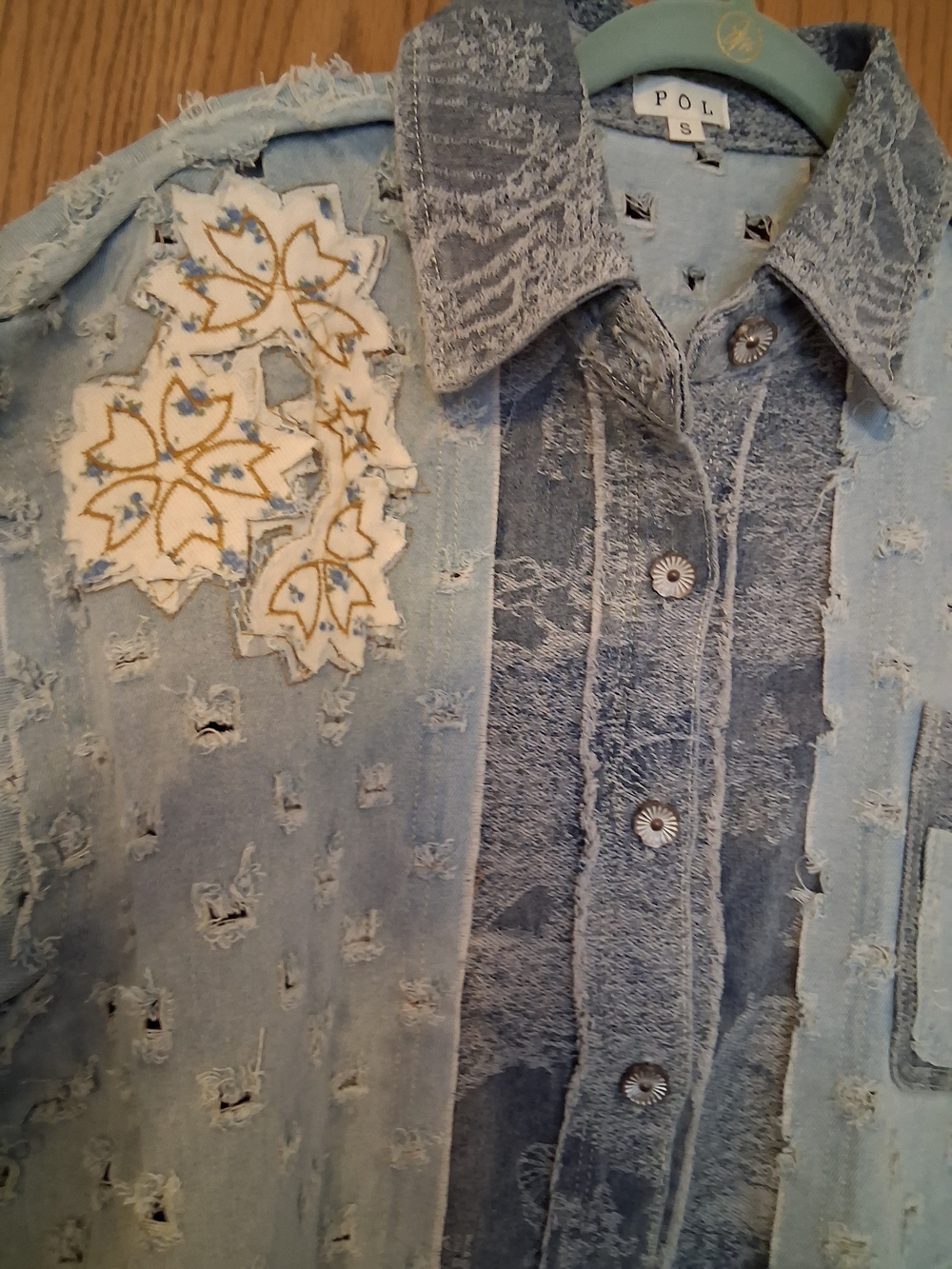 POL Light Blue Distressed Patchwork Denim Jacket - Picture 4 of 9